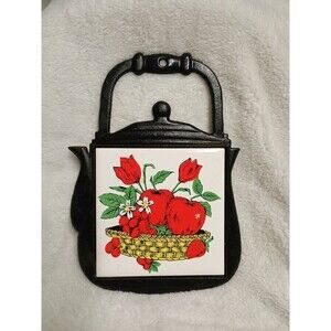 Vintage Kitschy Farm Tea Pot Kettle Cast Iron Trivet Ceramic Tile Kitchen Apple